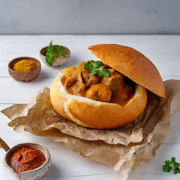Bunny chow dish in Durban, South Africa, with curry served inside a hollowed-out loaf of bread, eaten by hand.