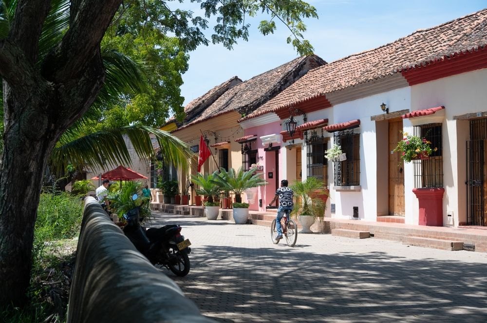 Colonial houses along a cobbled street in Mompox, Colombia, a historic town on the Magdalena River.