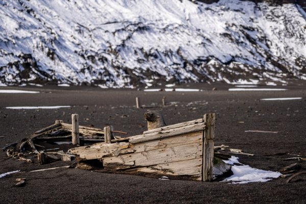 Wreck of an old fishing boat lies semi-buried on Deception Island in Antarctica Deception Island in Antarctica. Seal destroying the fishing boat