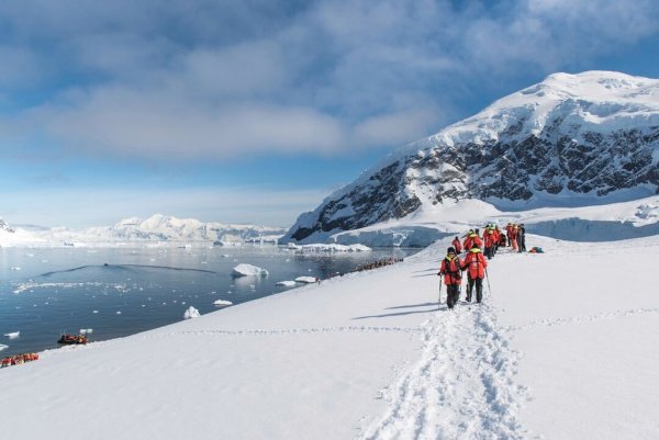 Hiking excursions are available on Antarctic expedition cruises Hiking on the ice of Antarctica