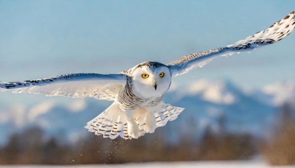 Snowy Owl Snowy Owl flying with mountains in background