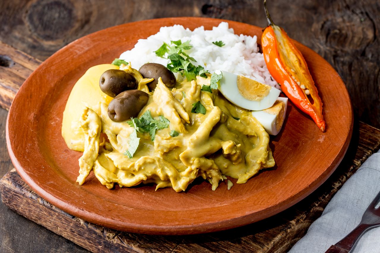 A plate of Aji de gallina a classic Peruvian meal.