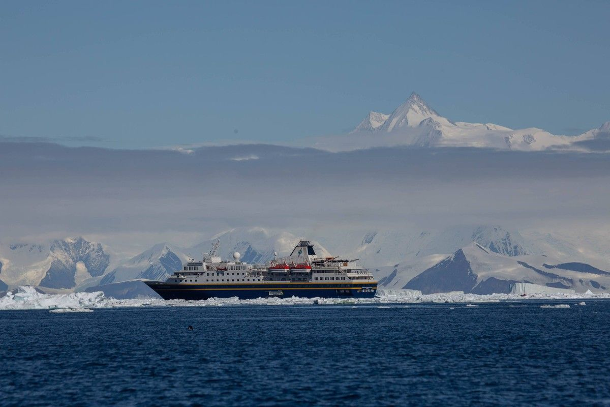 Expedition cruise ship in East Antarctica.